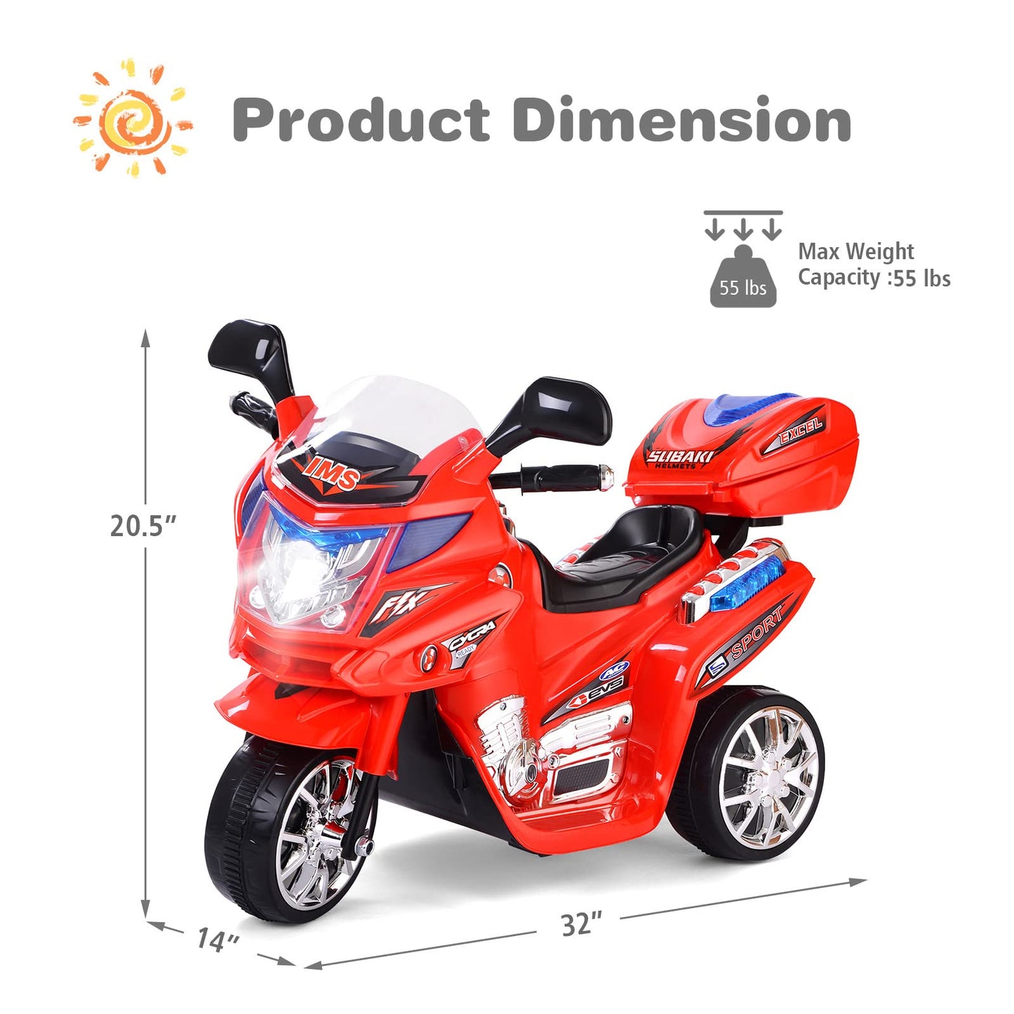 HONEY JOY Kids Motorcycle, 6V Electric Motorcycle for Kids, LED Headlights, Music, Pedal, Storage Trunk, Horn, 3-Wheeler Ride On