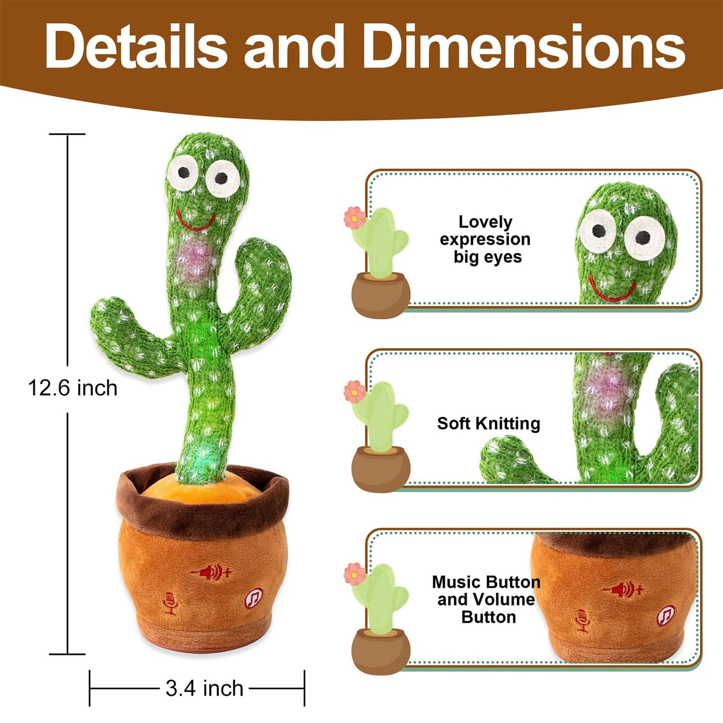 Miaodam Volume Adjustable Dancing Cactus, Colorful Glowing Talking Cactus Toy, Repeating What You Say Cactus Toys Singing 120 Songs Cactus Plush Eletronic Baby Toys Funny Creative Kids Toy