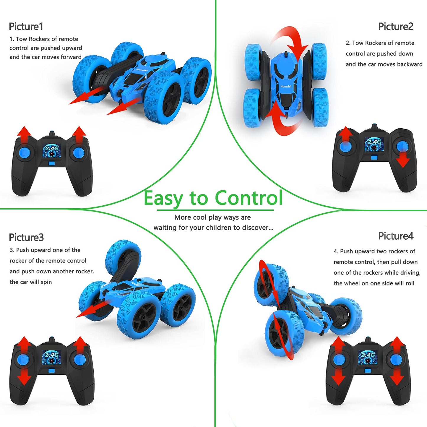 Hamdol Remote Control Car Double Sided 360Rotating 4WD RC Cars with Headlights 2.4GHz Electric Race Stunt Toy Car Rechargeable T