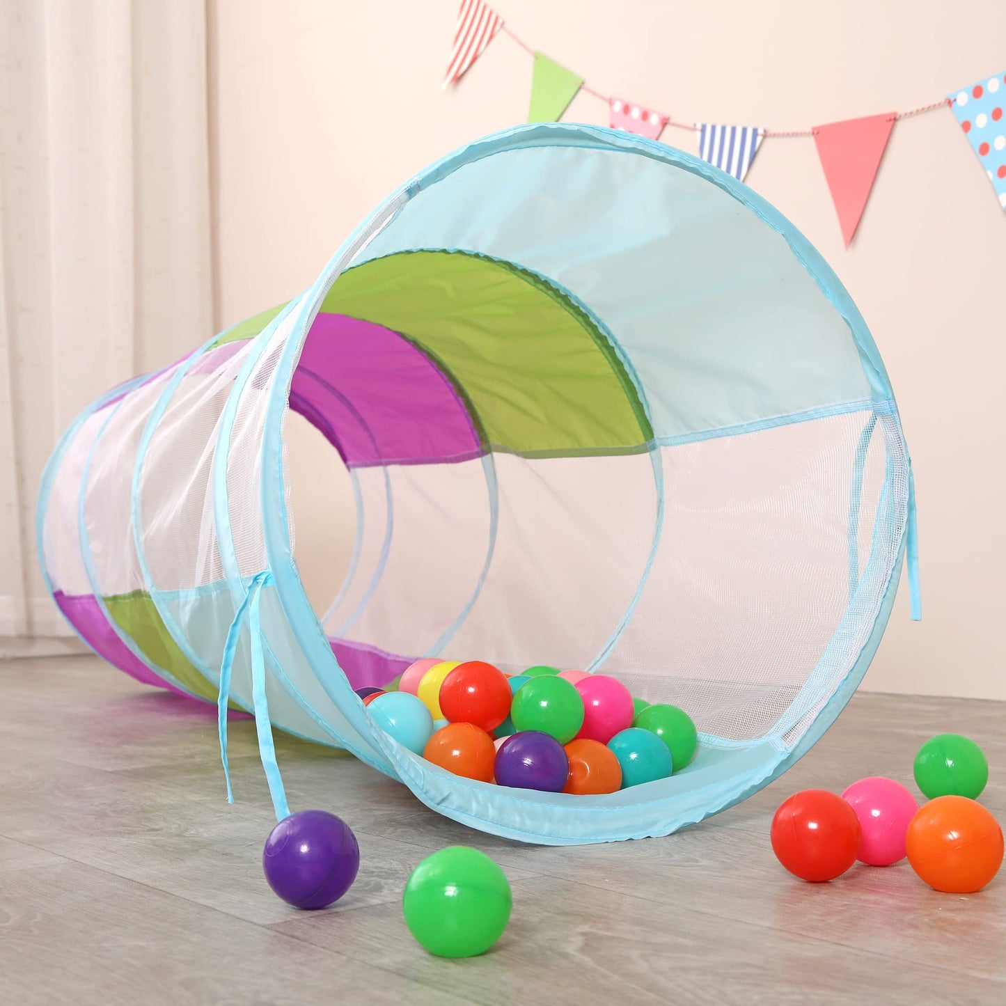 Limitlessfunn Crawling Kids Play Tunnel [ Pop Up Portable Rainbow Tunnel ] For Children, Toddlers, Boys & Girls, Pet, Dogs & Cats, Indoor & Outdoor Toys (Purple, Blue, Green With Mesh)