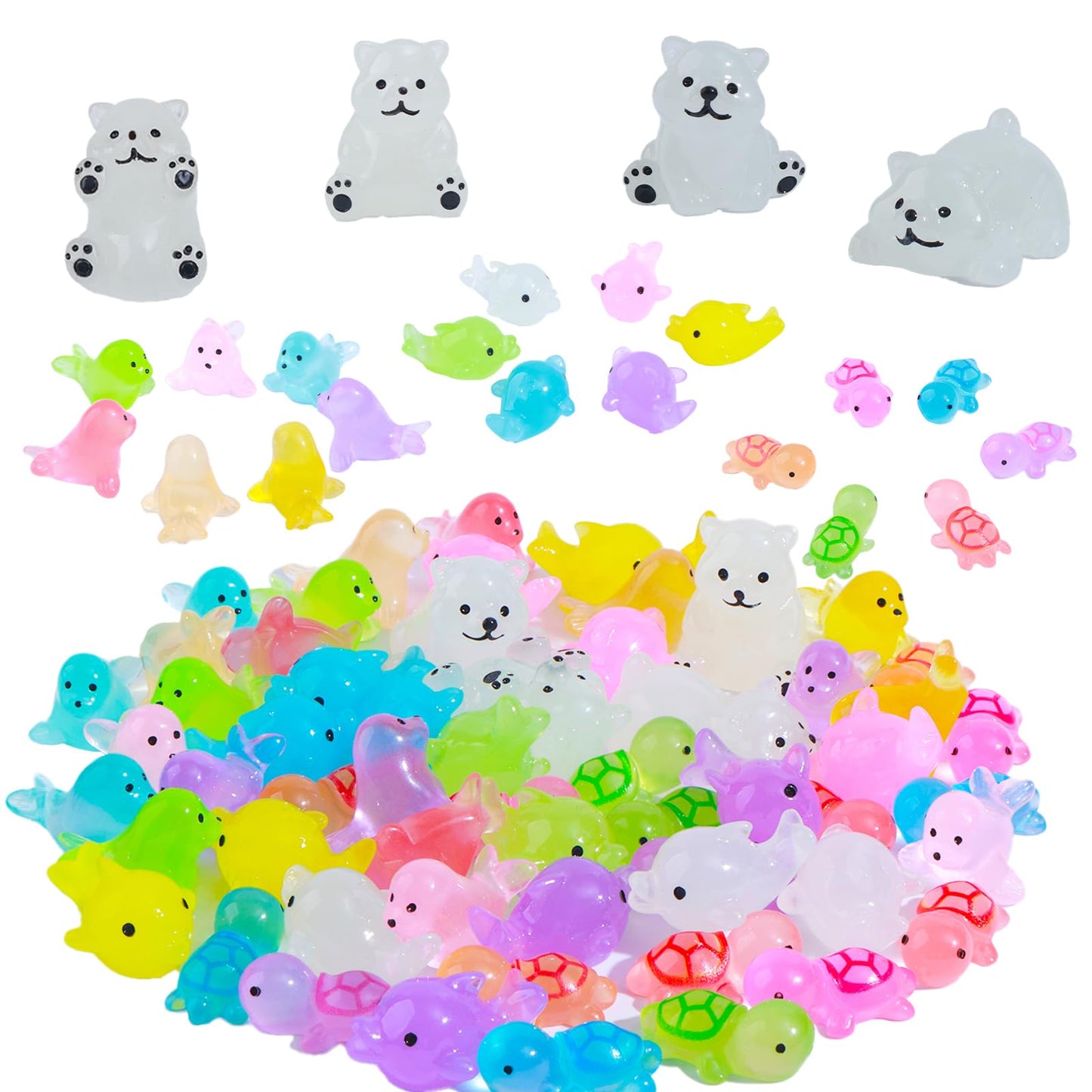 Dsooldre 65 Pcs Luminous Mini Sea Animals Small Turtles Dolphins Seals Polar Bears Figurines Glow In The Dark Tiny Ocean Animals