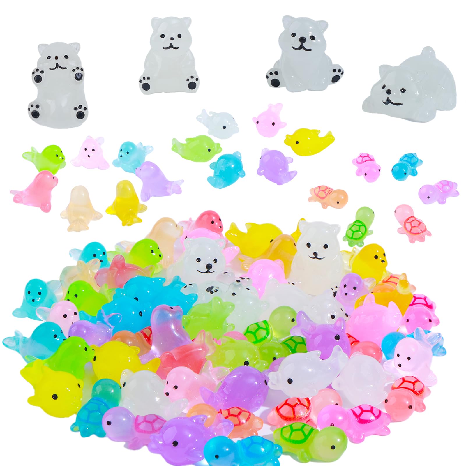 Dsooldre 65 Pcs Luminous Mini Sea Animals Small Turtles Dolphins Seals Polar Bears Figurines Glow In The Dark Tiny Ocean Animals