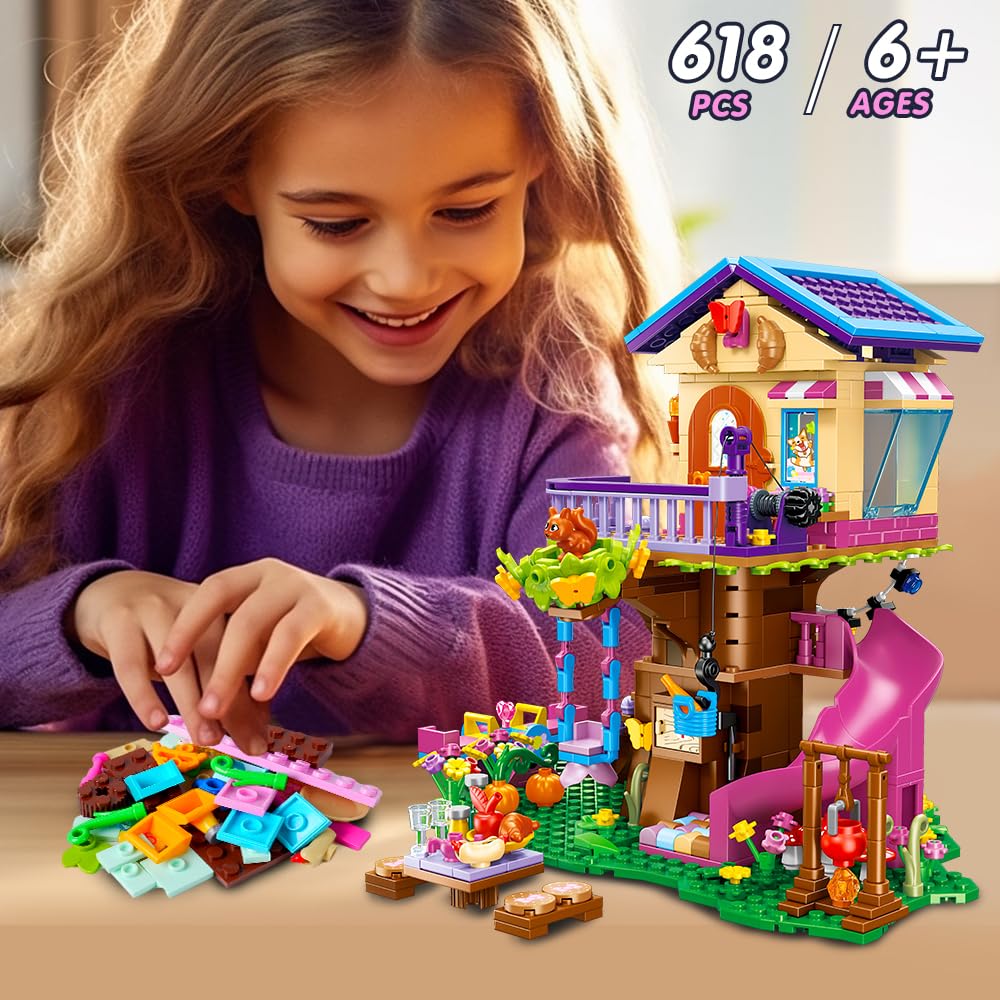 Cubimana Treehouse Building Sets With Led Light - Tree House Building Block Toy, Friendship Up House Building Set With Slide & S