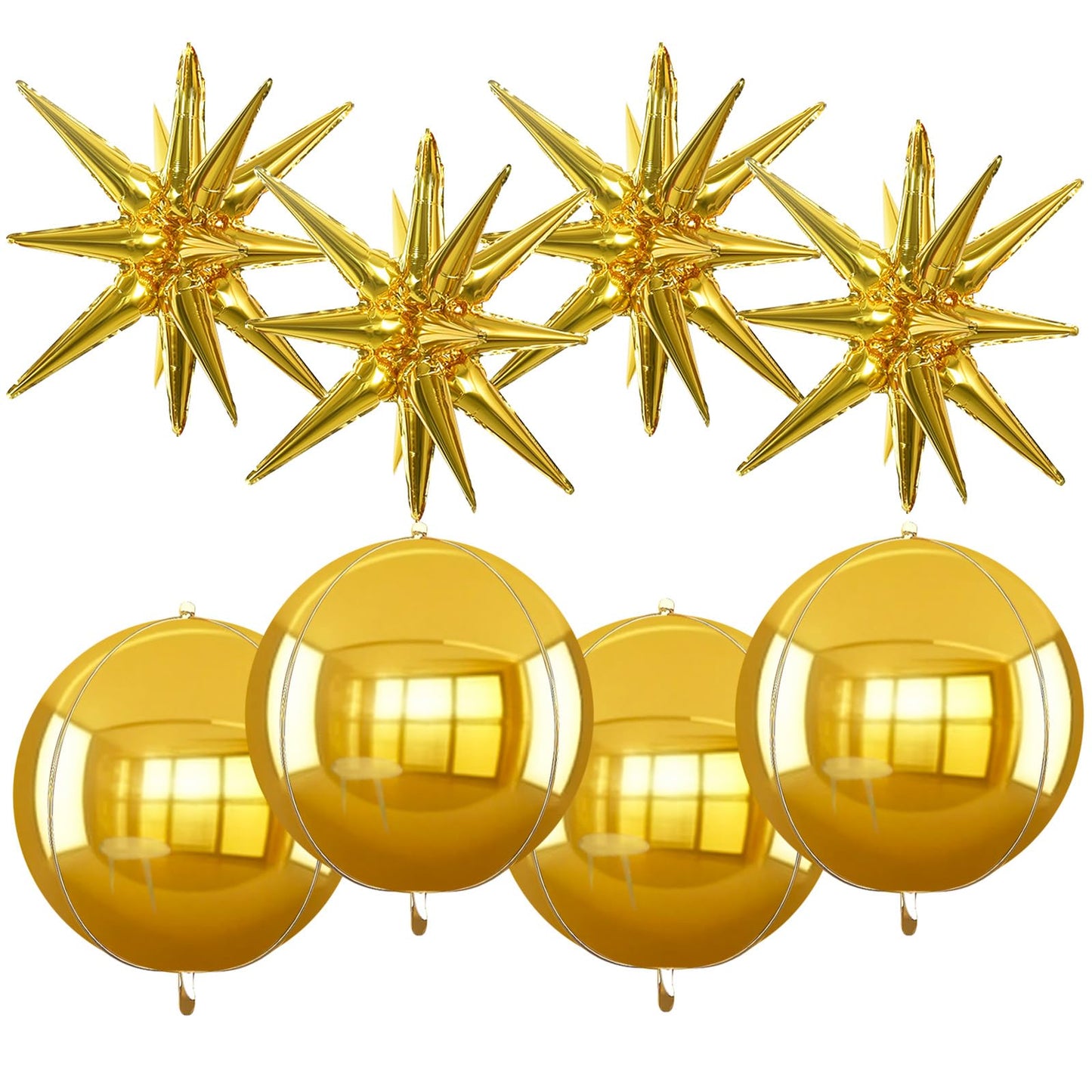 TONIFUL 8 Pcs 22Inch Gold Large 4D Giant Round and Star Balloons Explosion Star Mylar Balloons Set for Backdrop Christmas New Ye