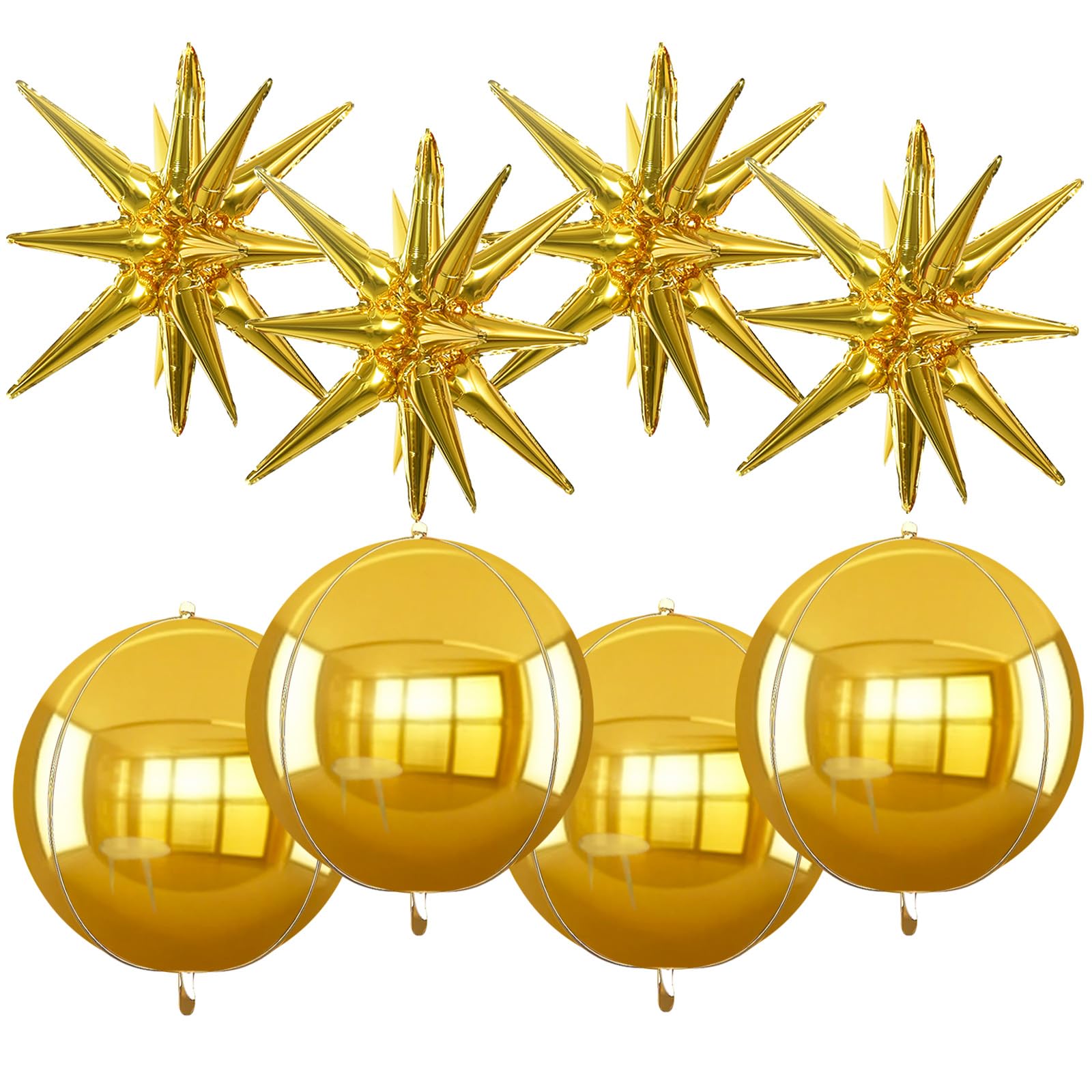 TONIFUL 8 Pcs 22Inch Gold Large 4D Giant Round and Star Balloons Explosion Star Mylar Balloons Set for Backdrop Christmas New Ye