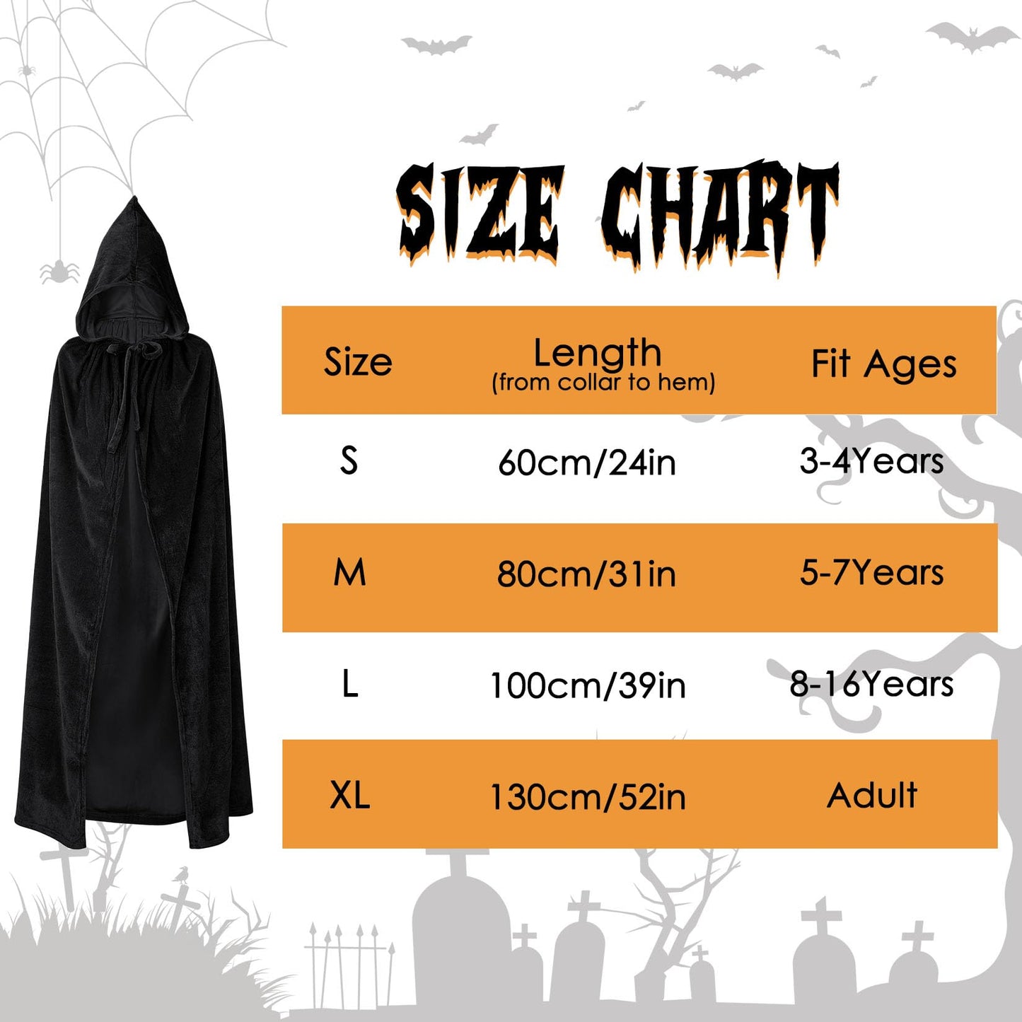 Century Star Kids Hooded Velvet Cloak Cape for Halloween Christmas Role Play Cosplay Dress up 3-16 Years Black X-Large
