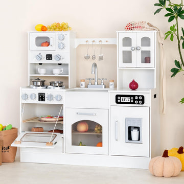 Wooden Play Kitchen For Kids With Realistic Lights And Sounds, Large Toddlers Interactive Kitchen Playset With Ice Maker, Stove,