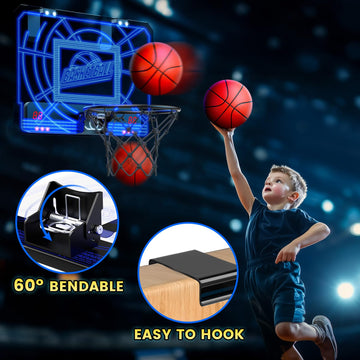 Eaglestone Indoor Mini Basketball Hoop For Kids, Over The Door Basketball Hoops With Led Lighting, Mini Hoop With Scoreboard & 4 Balls, Perfect Basketball Toy Gift For Boys And Girls Ages 3-5,8-12
