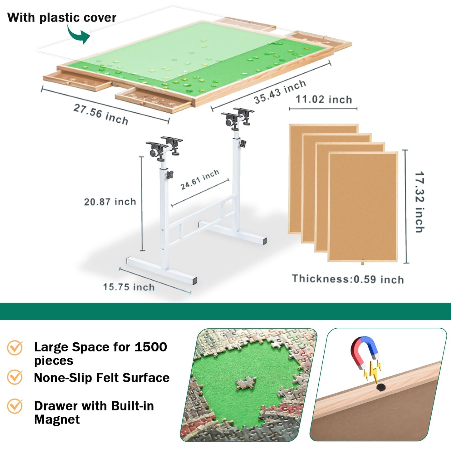 Fanwer Puzzle Table with Drawers, 1500 Piece Jigsaw Puzzle Table, Adjustable Height & Angle, 35x26in, Green Surface, Model TTCSC-zhuhe