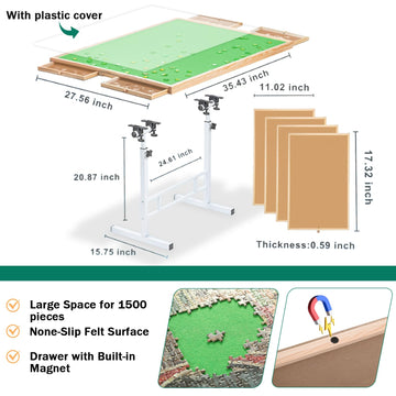 Fanwer Puzzle Table with Drawers, 1500 Piece Jigsaw Puzzle Table, Adjustable Height & Angle, 35x26in, Green Surface, Model TTCSC-zhuhe