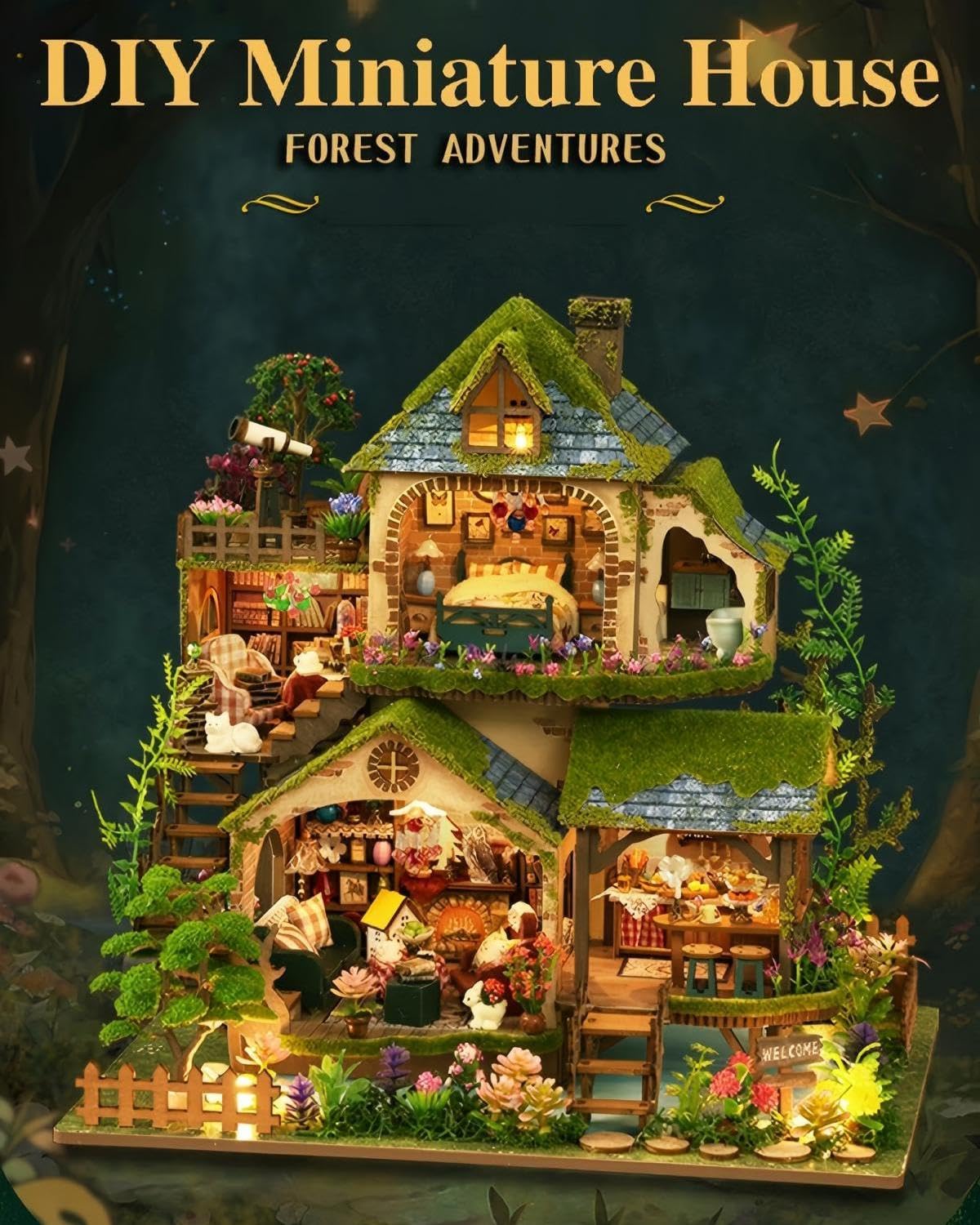 OZJAY Miniature House Kit  DIY Wooden Dollhouse Miniature Kit  Dollhouse Kit  Mini House Building Kit for mature-themed Teen  Forest Adventure