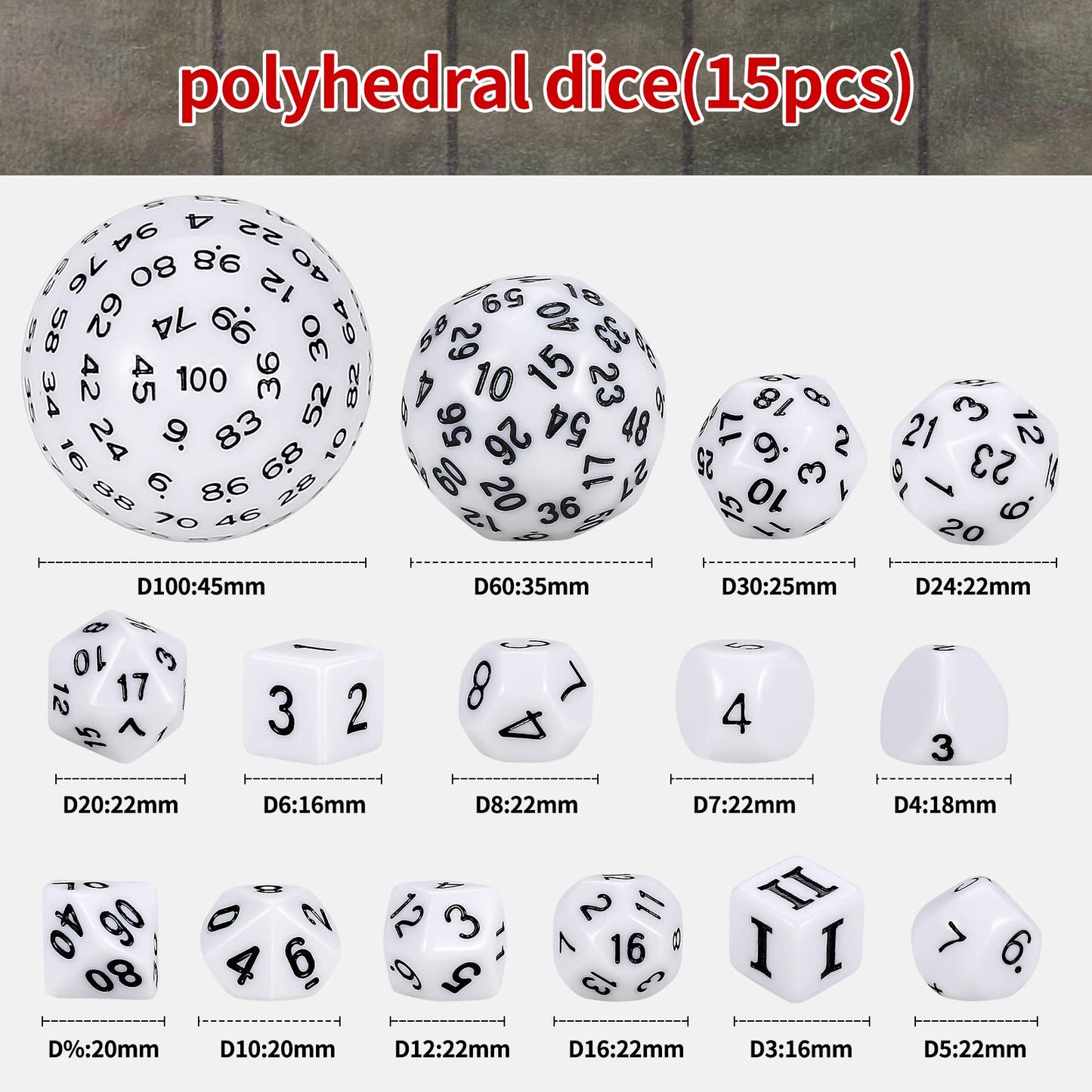 CiaraQ DND Polyhedral Dice Set (15pcs) D4-D100 Game Dice with Dice Bag for Dungeons and Dragons Role Playing Table Games (White