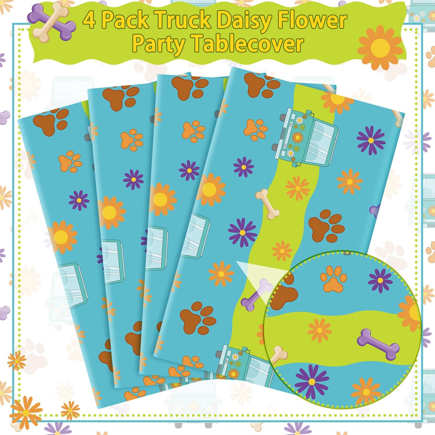 MotiMind 4 Pcs Mysterious Dog Party Supplies Christmas Cartoon Car Hippie Tablecloth Disposable Paw Table Cover Waterproof Daisy