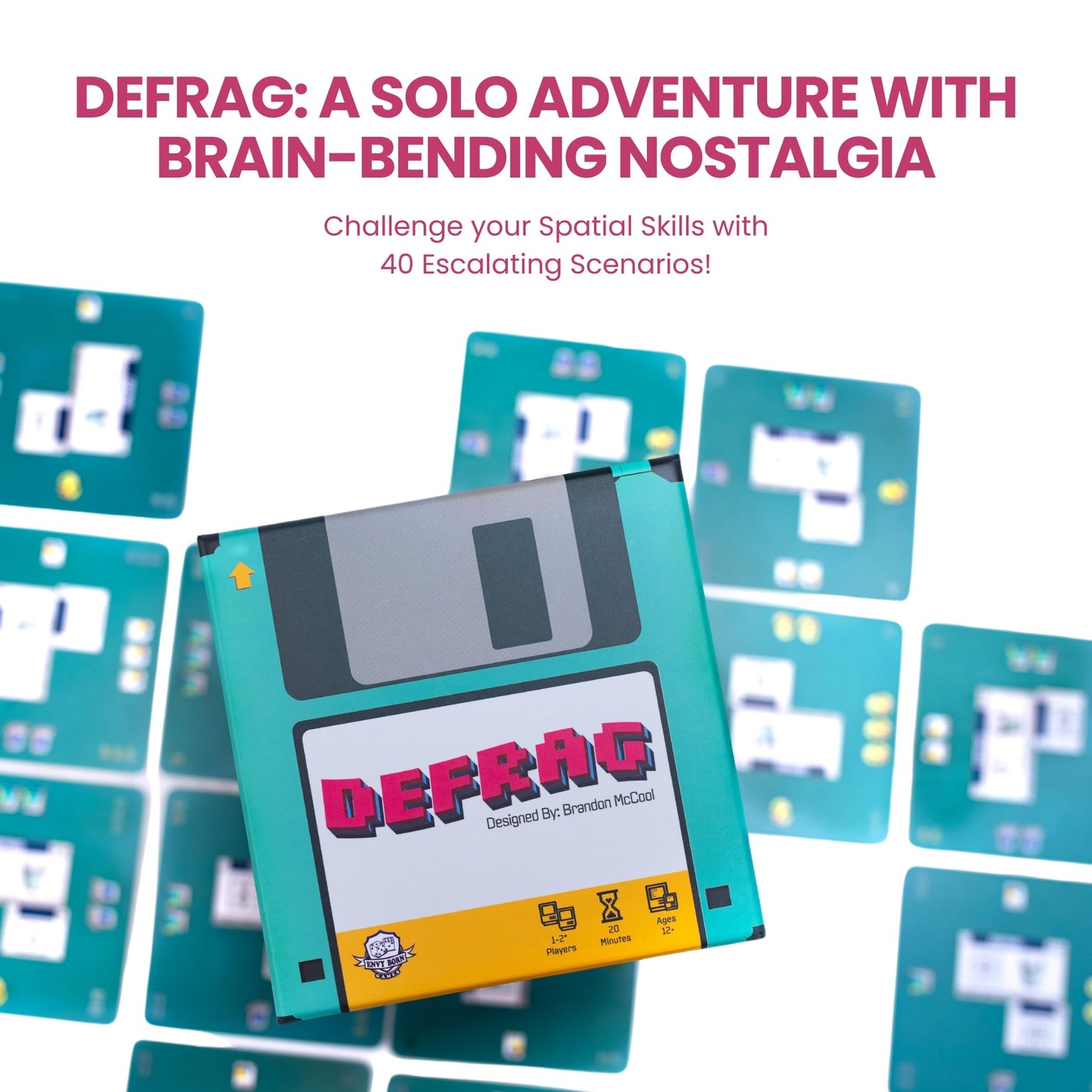 Defrag | Nostalgic Floppy Disk Themed Travel Size Board Game, Play Anywhere | Challenging Puzzle Game With Scenerio Booklet | 1