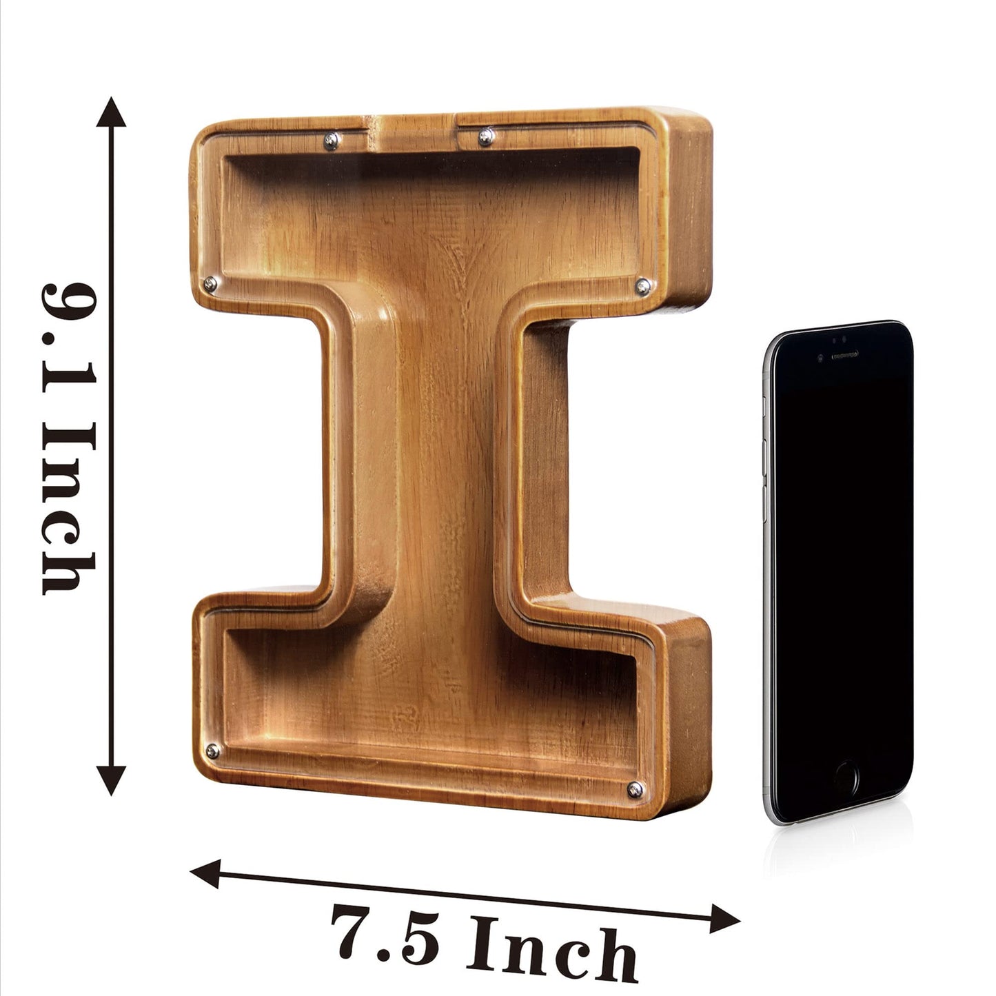 Aorcmitn Large Wooden Letter Coin Personalized Piggy Bank For Boys Girls Kids Toddler Adults Money Bank Best Gift For Friends (9.2 Inch-I)