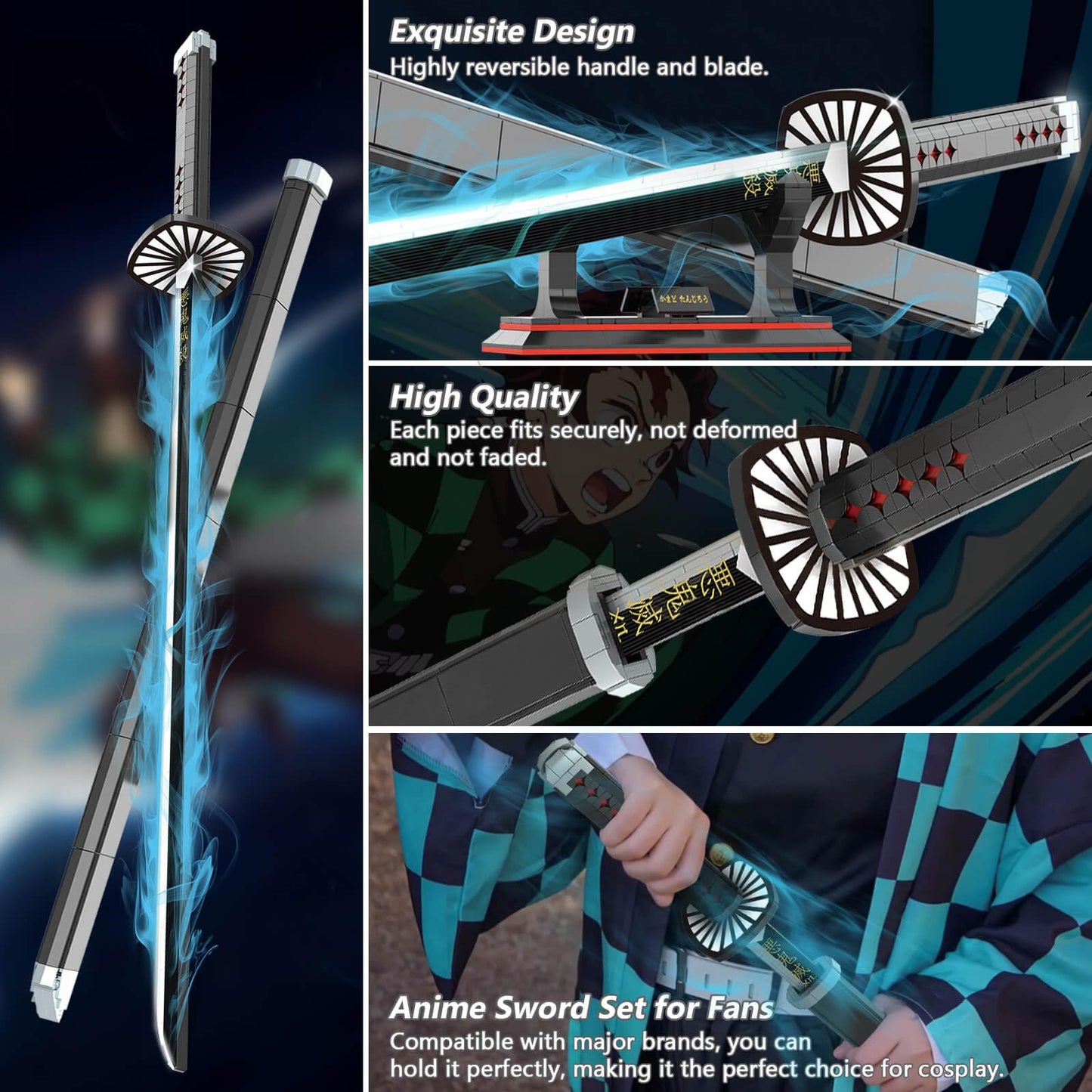 HIGH GODO Demon Slayer decorative replica blade  39.3in Tanjirou decorative replica blade Building Set with Scabbard and Stand  Cosplay Anime Katana decorative replica blade Building Blocks  Collectible for Kids and mature-themeds 8+ (759 Pieces)
