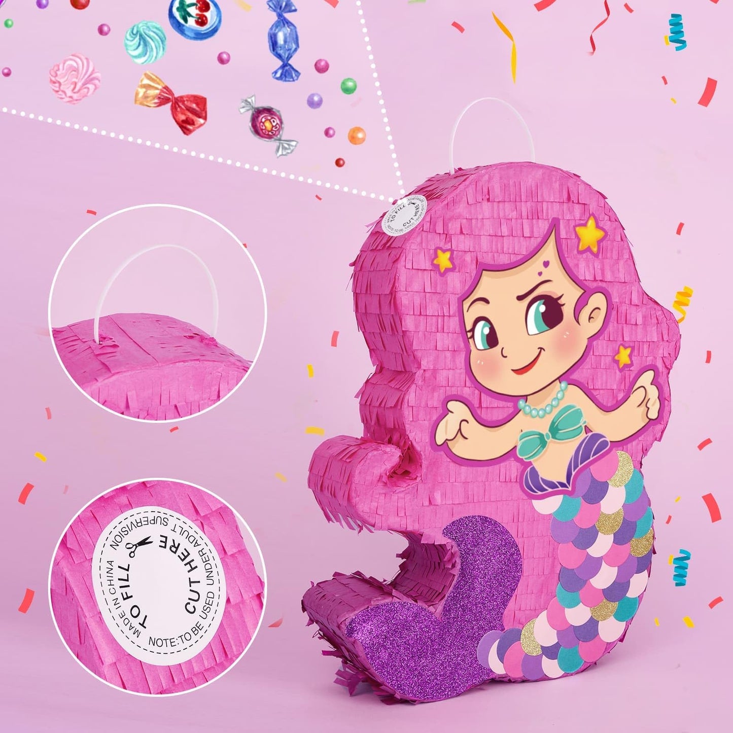 Wernnsai Mermaid Piñata-Mermaid Party Piñata With Bat And Blindfold For Girls, Kids Birthday Party Games Anniversary Celebration Classroom Activities Mermaid Themed Party Decorations (15.7’’ X 12.2’’)