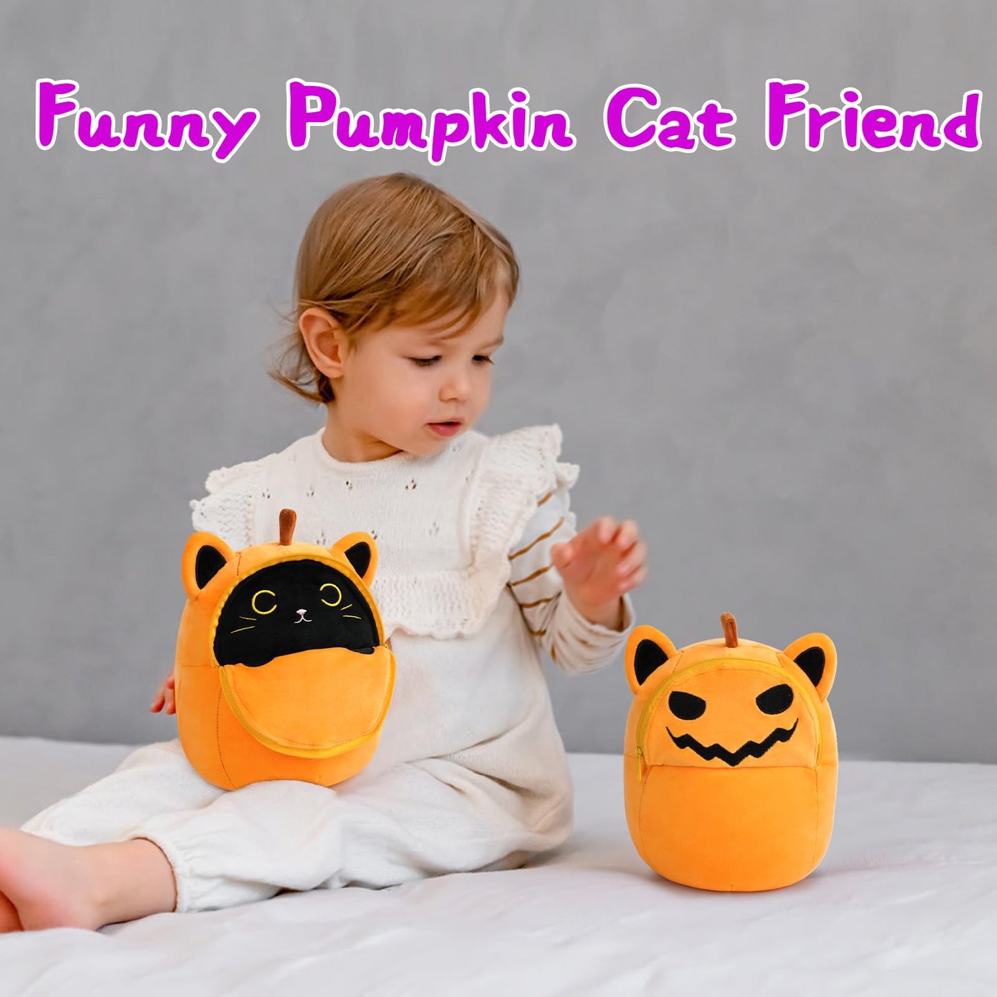 Leokawin Black Cat Stuffed Animal,8In Black Cat Plush,Cute Pumpkin Cat Plush Toy,Kawaii Pumpkin Black Cat Plush Pillows,Soft Bla