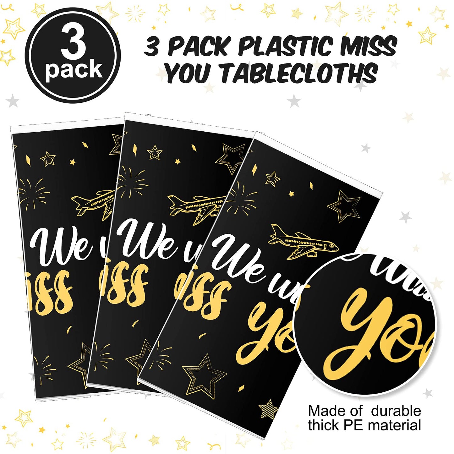 Tatuo 3 Pieces We Will Miss You Tablecloth Going Away Party Decorations Retirement Themed Table Cover Stars Disposable Plastic T