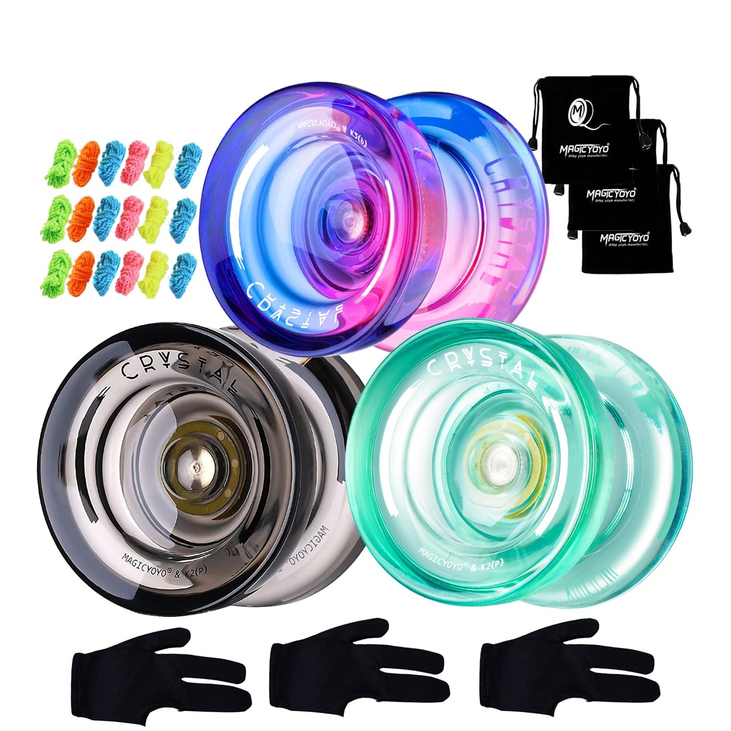 Magicyoyo Pack Of 3 Responsive Yoyos For Kids Beginners, K2 (Crystal Yoyo With 3 Yoyo Gloves, 3 Yoyo Bags, 18 Yoyo Strings Green+ Black+ Purple Pink)