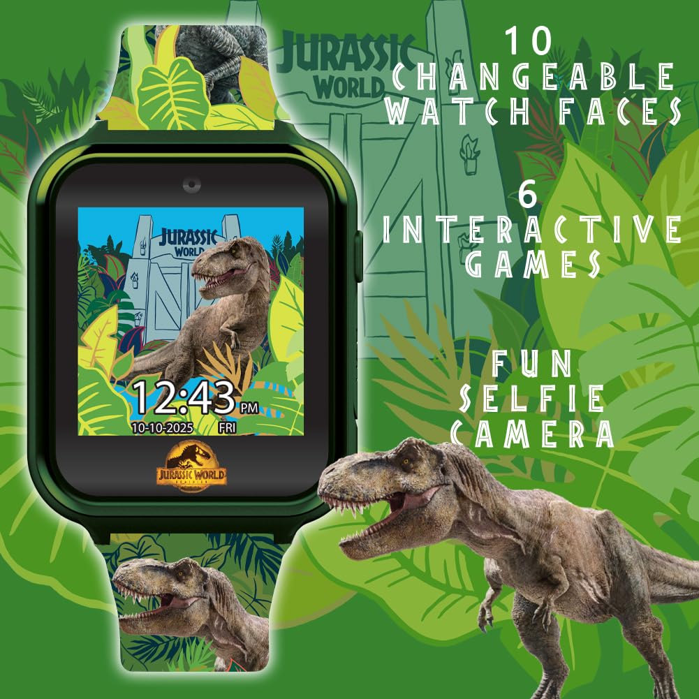 Accutime Jurassic World Kids Smart Watch - 10 Watch Faces, 3 Wallpapers, Interactive Games, Alarm, Camera, Voice Recorder, Calculator, Pedometer, Fits 5.5'-8.0' Wrists