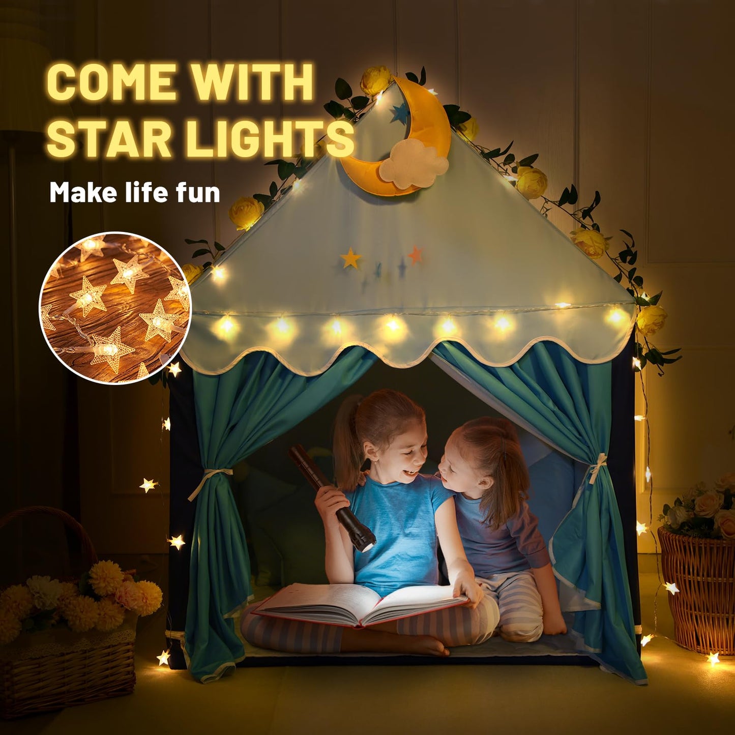 Wilwolfer Kid Tent With Mat, Star Lights - Kids Play Tents For Toddlers Kids Tents Indoor Playhouse - Princess Tent For Girls Toy House Gift (Blue With Cloth)