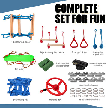 Slsy 60Ft Ninja Warrior Obstacle Course (10 Obstacles), Ninja Slackline Kit For Kids, Durable Playset Equipment With 10 Complete