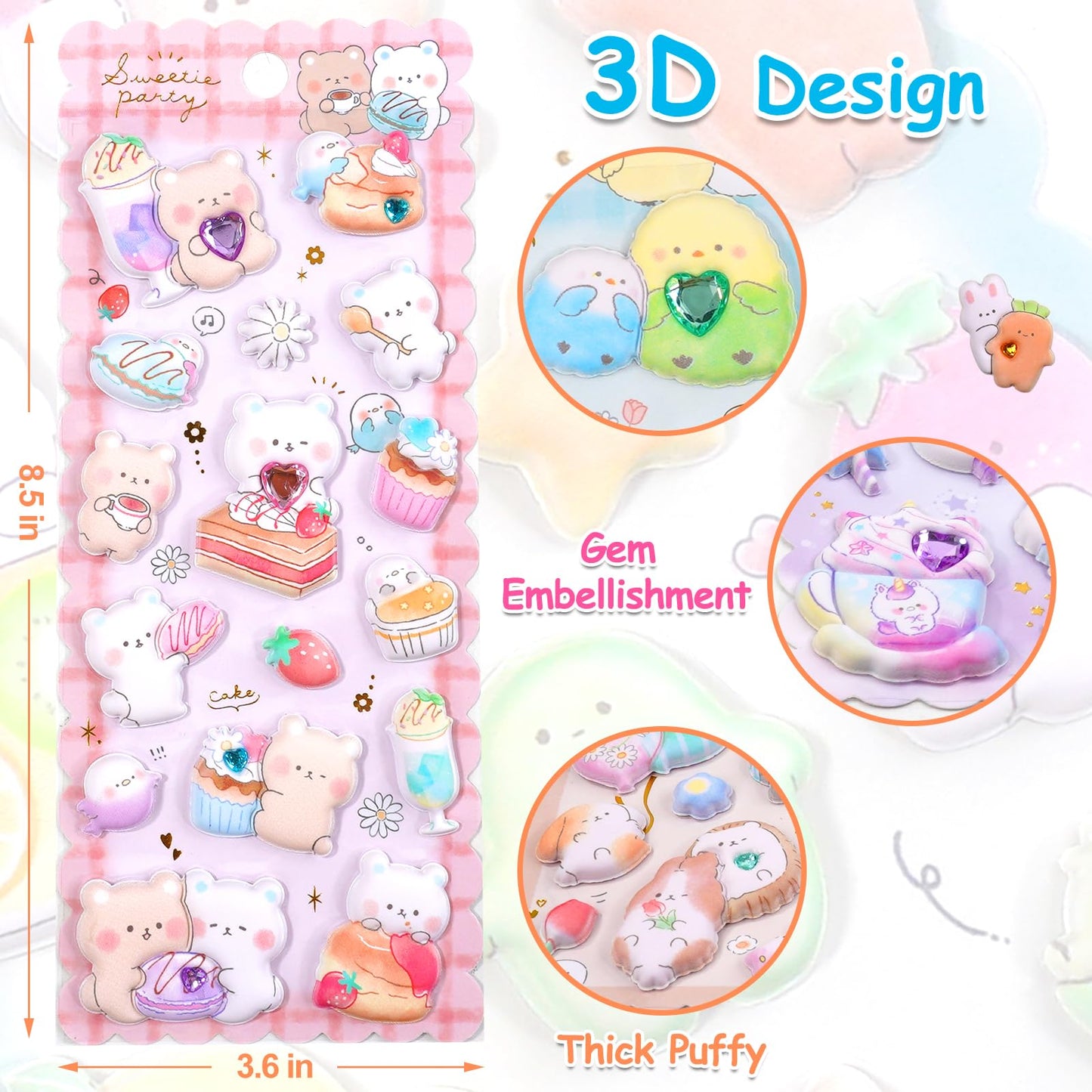 Shangrla Puffy Stickers With Sparkly Gem Embellishment For Kids Girl -Cute,Kawaii,Soft,Thick,Large Japanese Puff Sticker For Adults –3D Squishies Puffer Sticker For Phone Case,Notebook,6 Sheets.