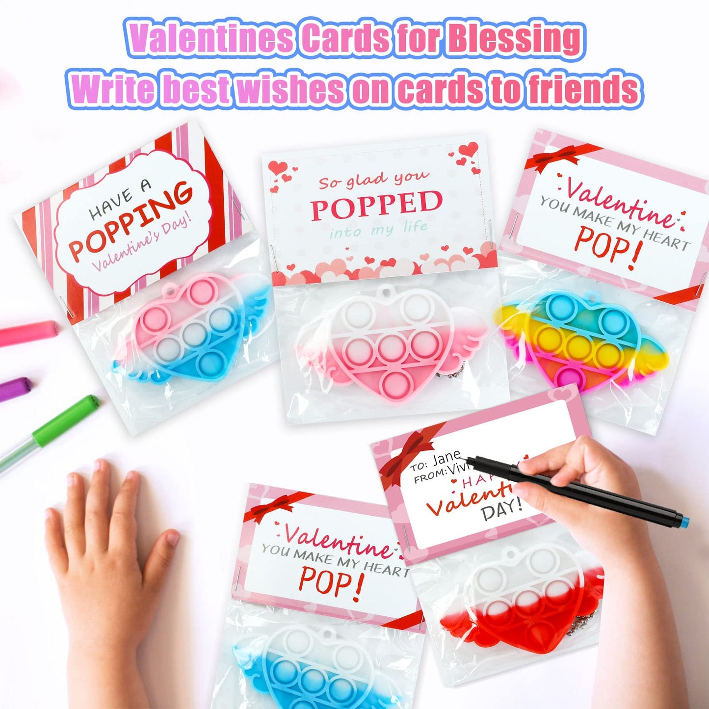 Valentines Day Gifts For Kids, 30 Pack Valentines Day Cards For Kids With Mini Heart Pop Fidget Toys For Boys Girls, Valentines