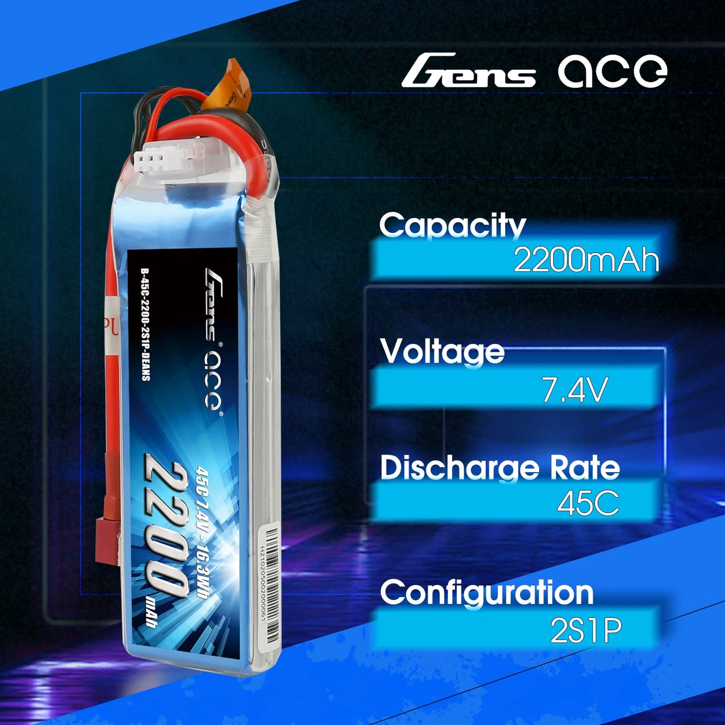 Gens ace 7.4V 2200mAh 2S 45C LiPo Battery Pack Deans Plug for 70MM EDF Rc Plane 450 Helicopter Rc Boat