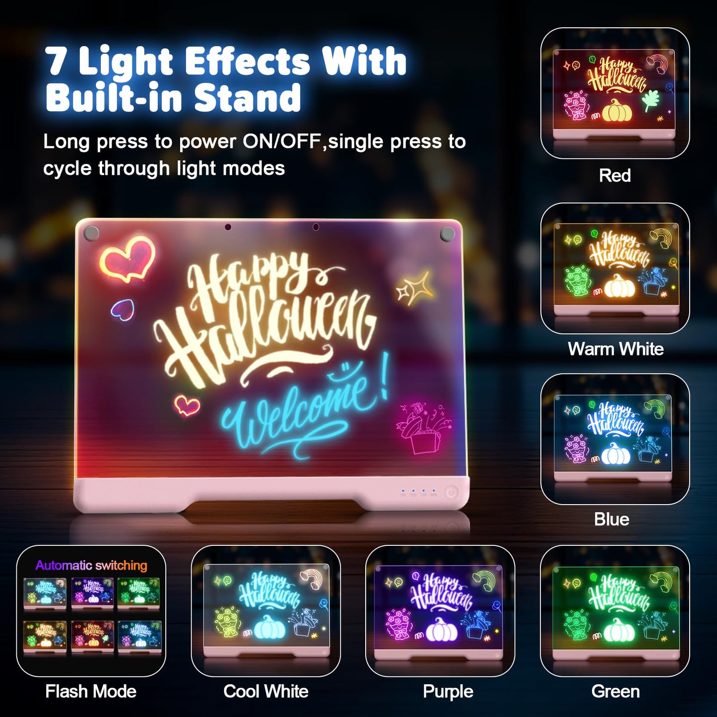 16-Inch Rechargeable Doodle Glow LED Note Board, 7-Color Light Modes, Neon Art Dry Erase Light Up Drawing Pad with Built-in Stan