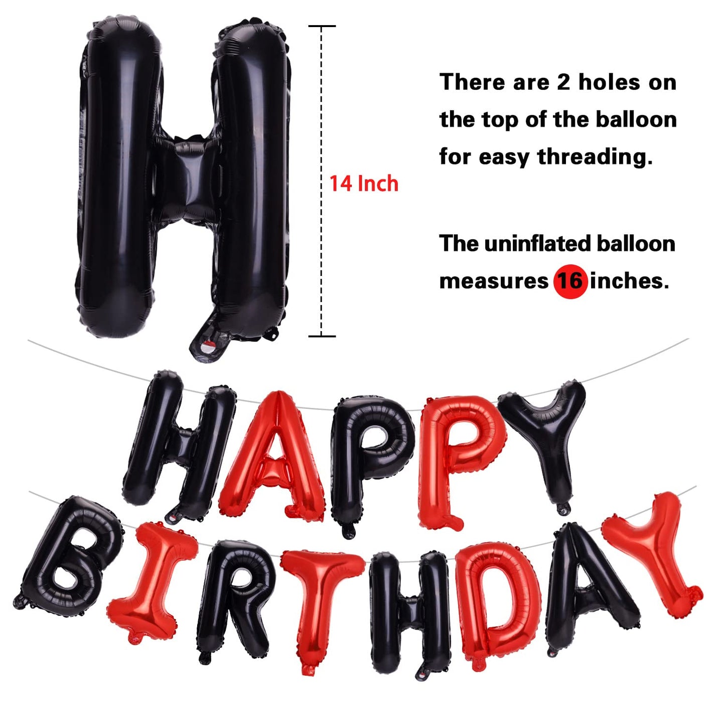 Pigetale Black And Red Happy Birthday Banner Balloons, 16 Inch Mylar Foil Happy Birthday Sign Banner For Kids And Adults, 3D Hap