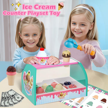 Ice Cream Counter Playset for Kids, Ice Cream Shop Toys, Pretend Play Toys, Play Food Scoop and Serve, Toddler Girls and Boys Ag