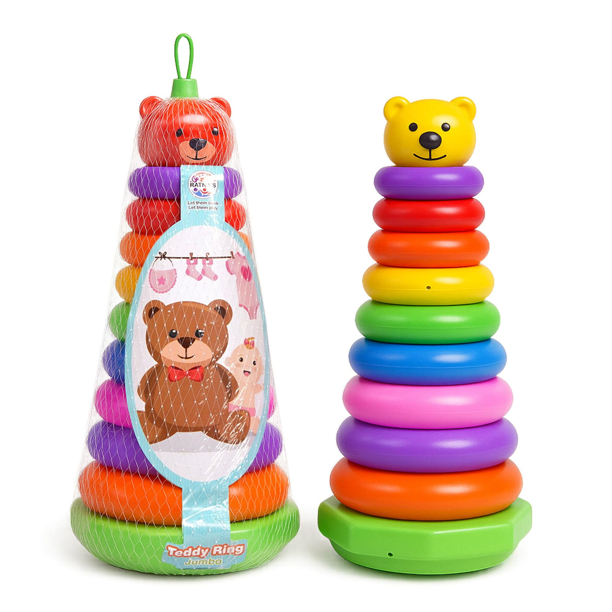 RATNAS Teddy Bear Ring Jumbo, 9 Multicolour Stacking Rings for Toddlers (Assorted Colours Head)