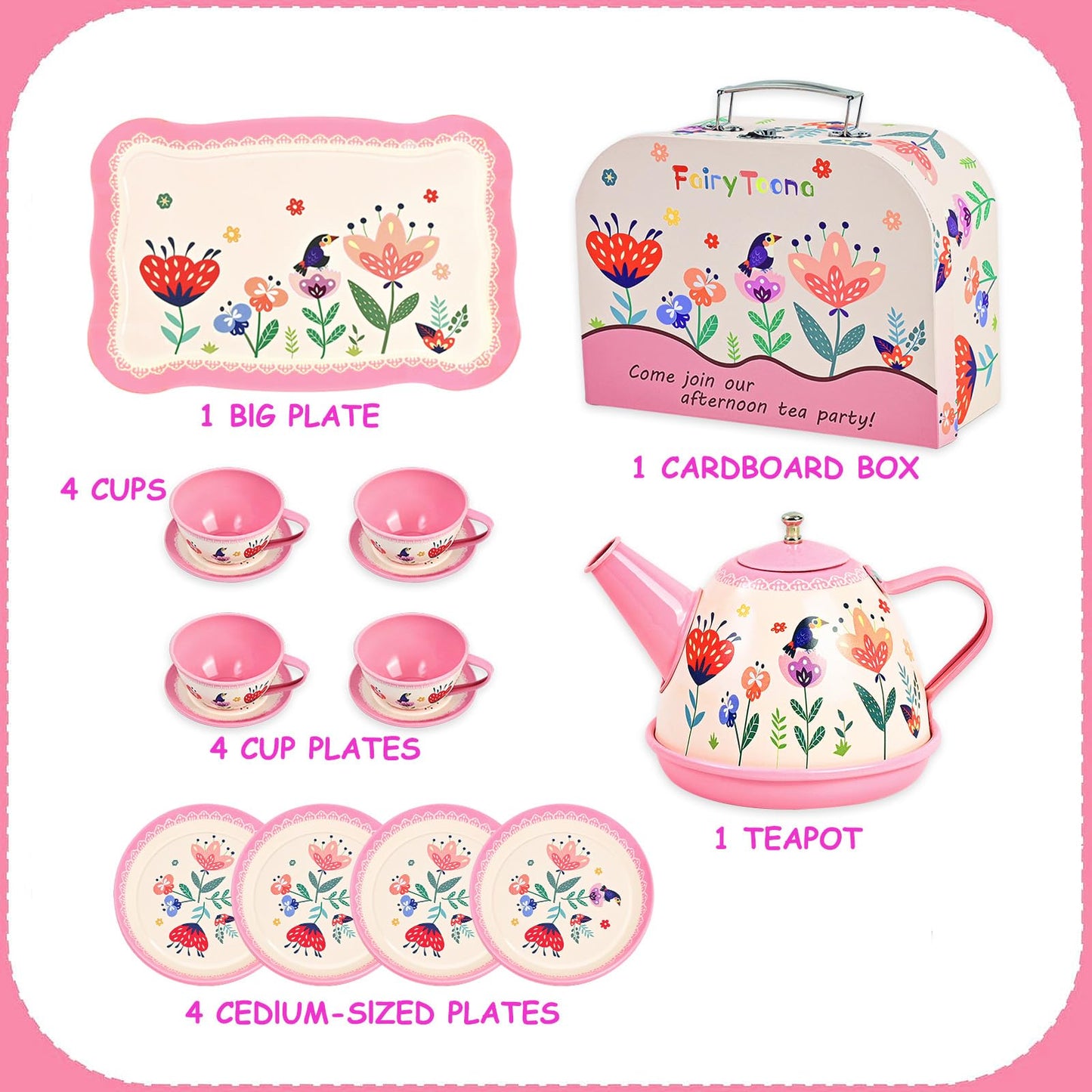 Fairy Toona Floral Tea Party Set for Little Girls Ages 3-6, 15-Piece Pretend Play Kitchen Toys with Teapot, Cups, Plates & Stora