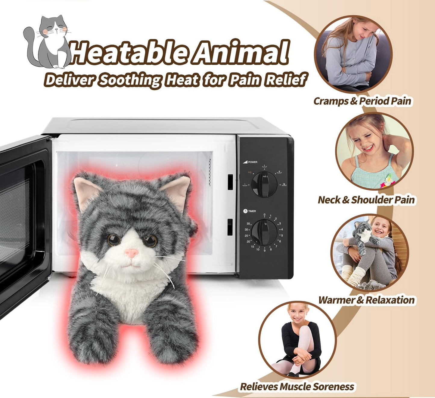 2Pcs Cat Stuffed Animals  Microwavable Stuffed Animal Adorable Fluffy Tabby Cat Plush for Warmth  Heatable Coolable Lavender Scent Cat Plush Toys  Cute Soft Cat Plushies for Kids mature-themeds Girl Boy Gifts