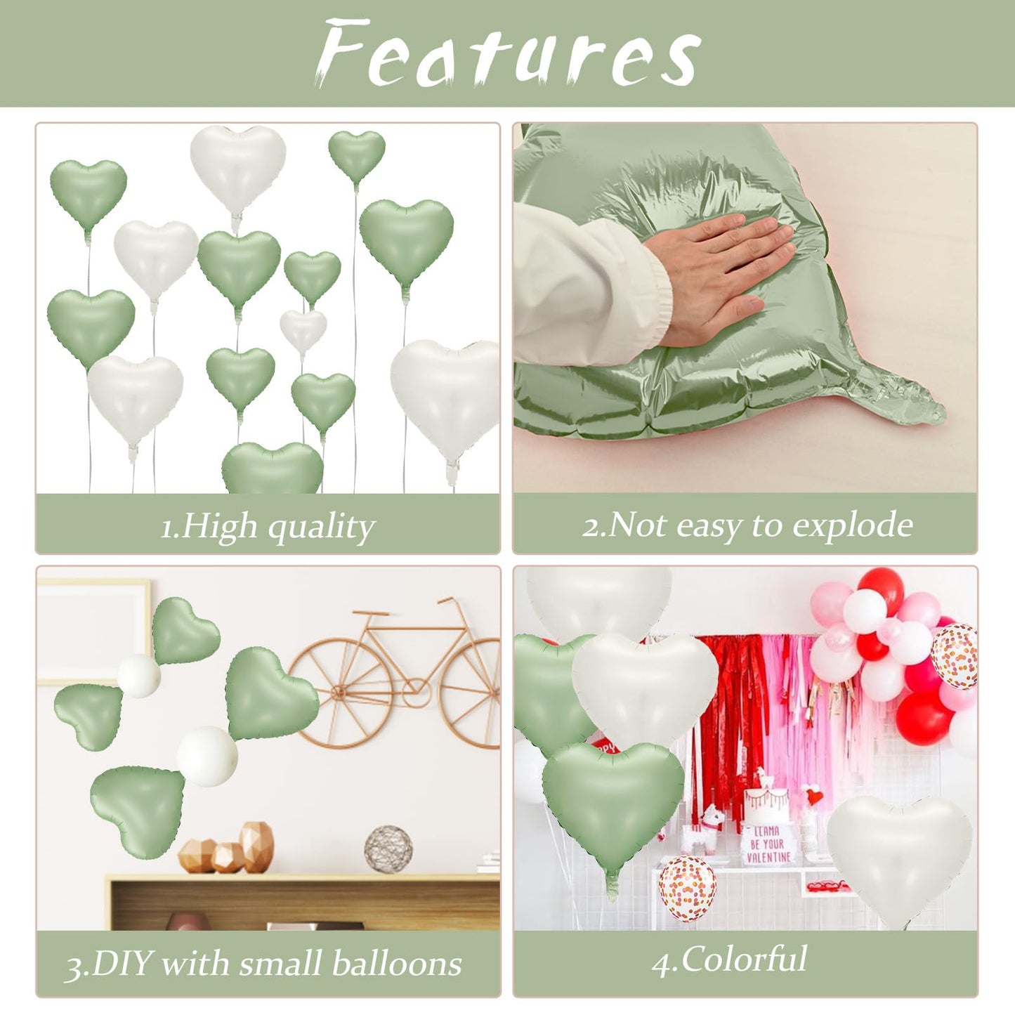 Sage Green White Heart Balloons, 10Pcs Green Beige Foil Heart Balloons, 18Inch Olive Green Cream White Heart Shape Balloons For