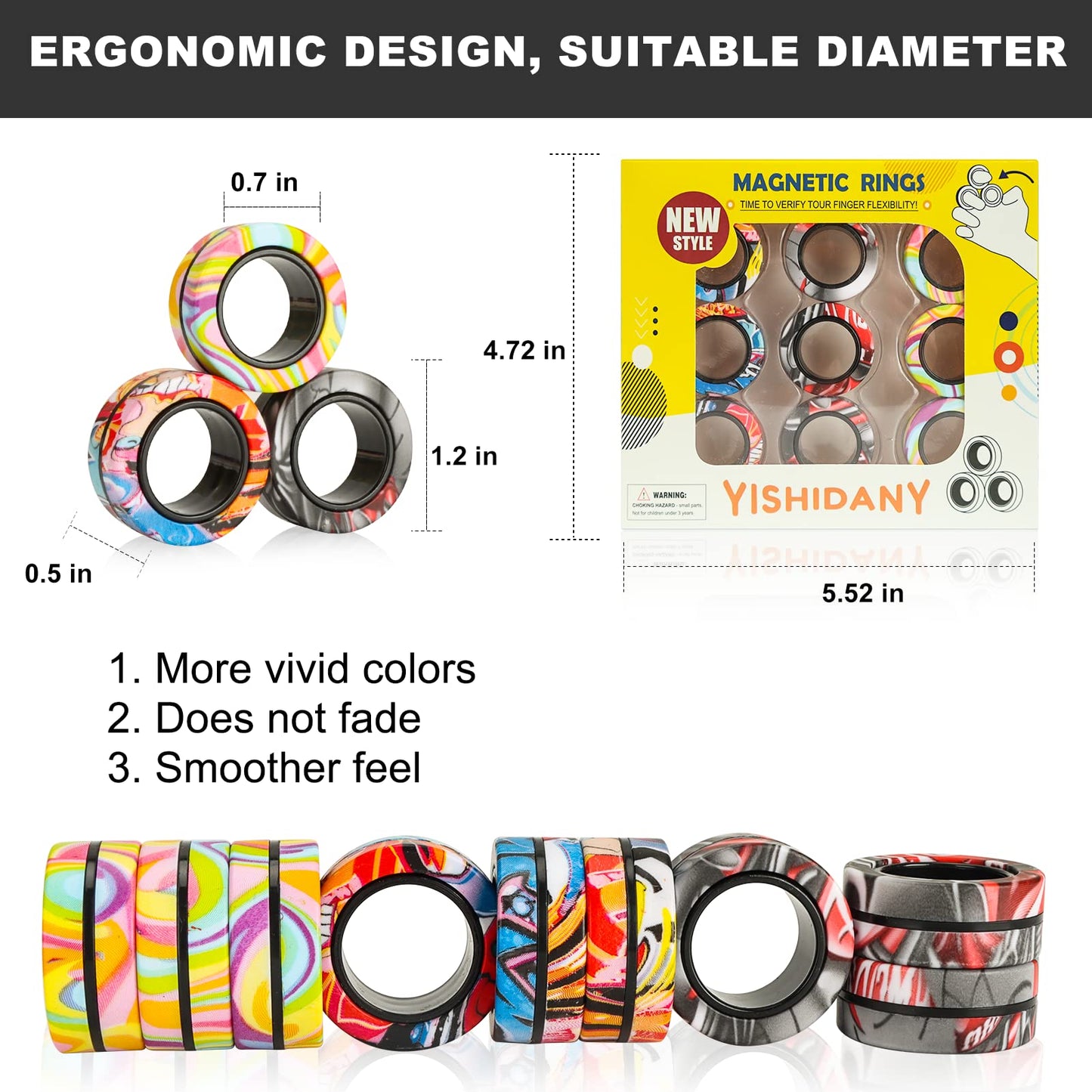 Yishidany 9Pcs Magnetic Rings Fidget Toys Pack, Magnets Finger Spinner For Adhd Stress Relief, Magical Fingears Ring For Trainin
