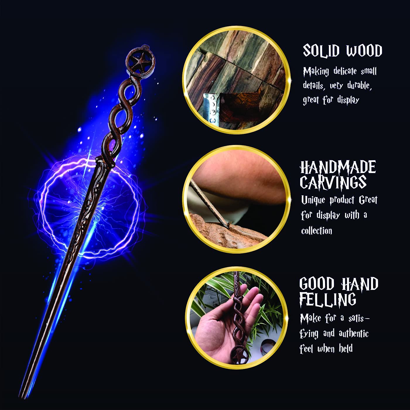 Handicraftviet Hand Carved Wood Magic Wizard Wand/Witch Wand Real Wood Wands 15 Inch For Wizards/Magical Gift For Halloween, Christmas And Birthday Party/Wooden Wand Star (S5)