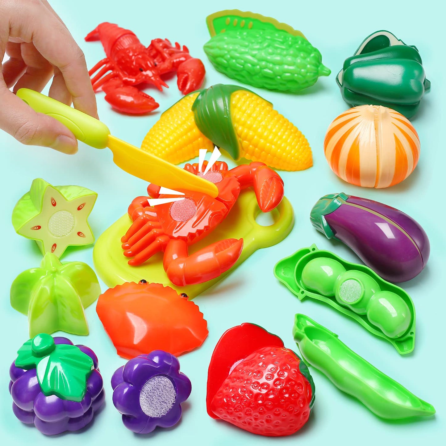 HOLYFUN 100 PCS Cutting Play Food Toy for Kids Kitchen, Pretend Fruit & Vegetables Accessories with Shopping Basket, Plastic Min