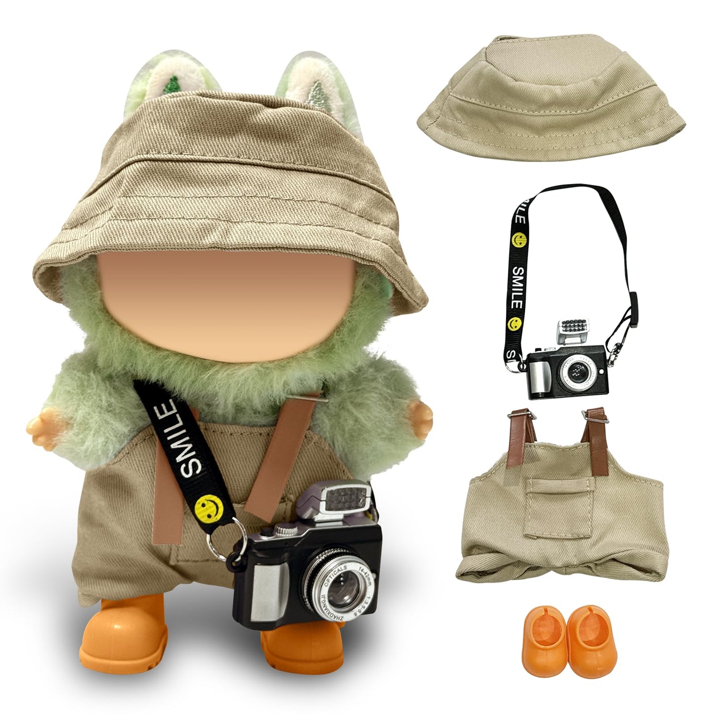 17cm Light Purple Outfit Set (Doll Not Included) - Bucket Hat  Overalls Shorts  Mini Camera & Shoes  Cute Style for 17cm Doll Dress-up (Khaki SC)