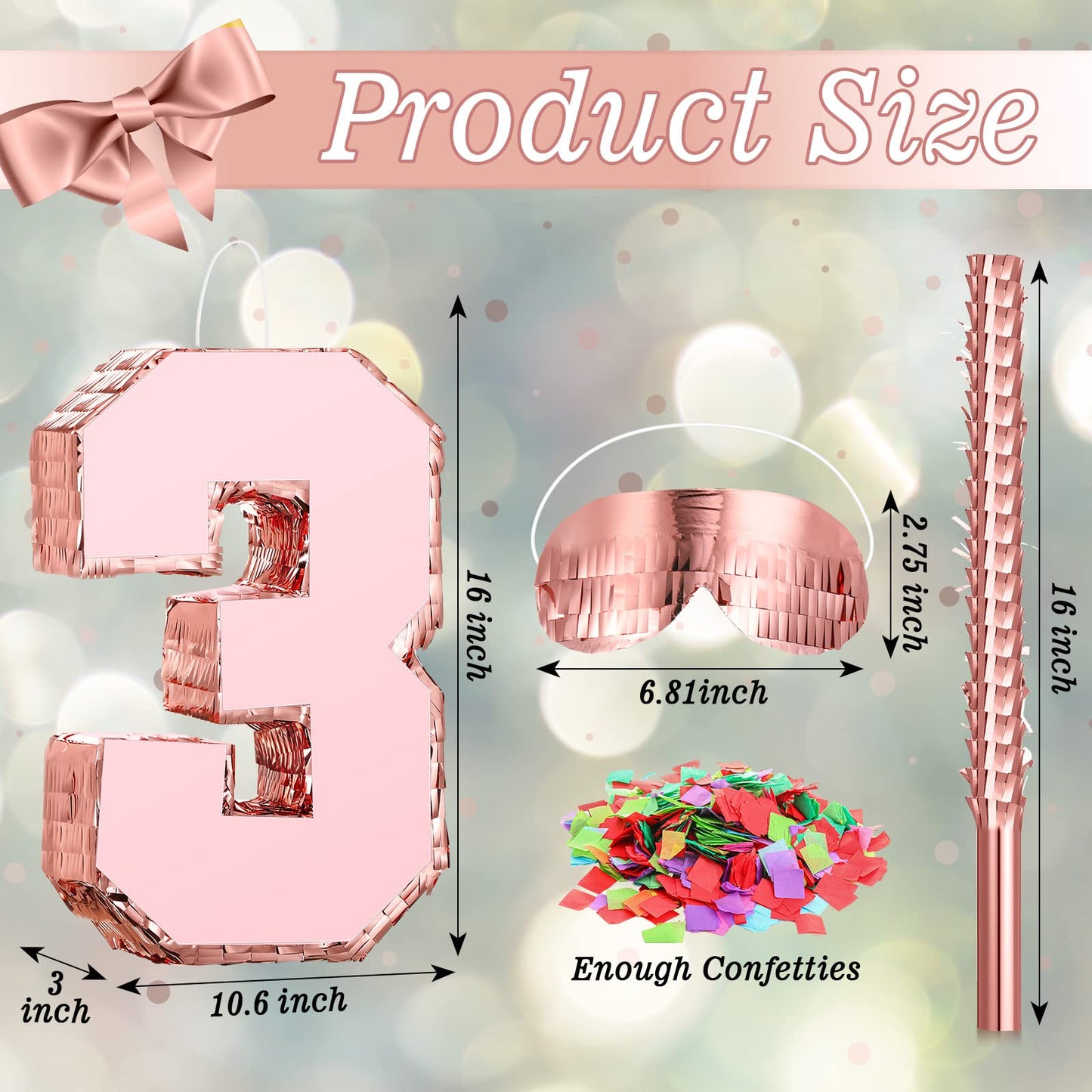 Number Piata Rose Gold Piata with Stick Blindfold Confetti, Princess Piata for Girls Birthday Party Anniversary Celebration Deco