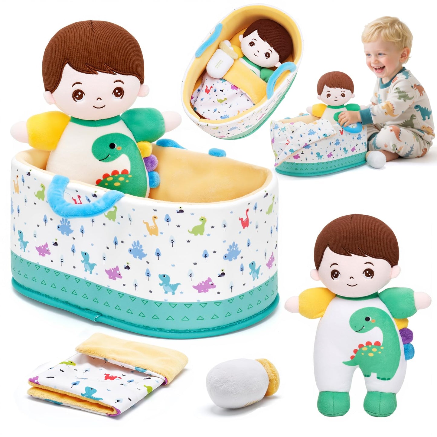 OUOZZZ 10" Soft Baby Boy Doll Set - Emotional Social Doll with Accessories, Polyester, A-car02 Dinosaur Set
