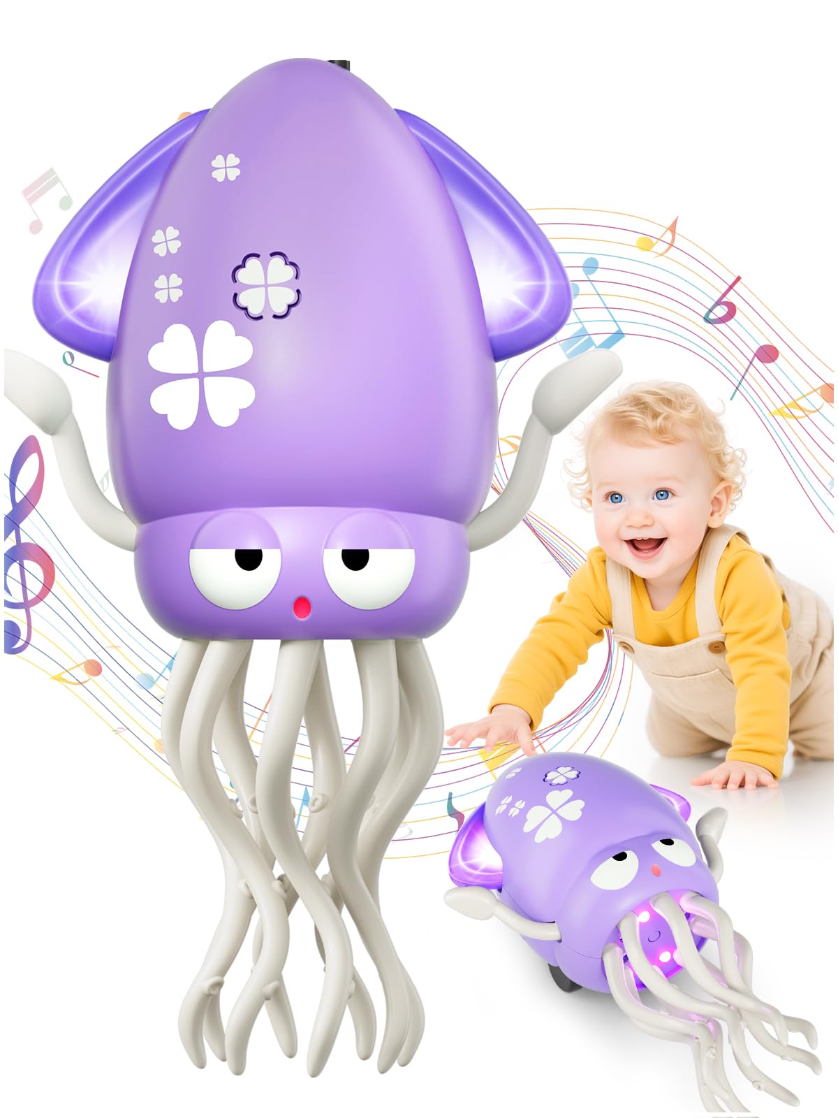 Dancing Squid Baby Toy Gifts, Dancing Octopus Tummy Time Toys, Crawling Octopus with Music and Light, Squid Baby Toy for 3 4 5 6