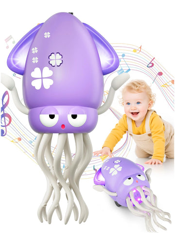 Dancing Squid Baby Toy Gifts, Dancing Octopus Tummy Time Toys, Crawling Octopus with Music and Light, Squid Baby Toy for 3 4 5 6