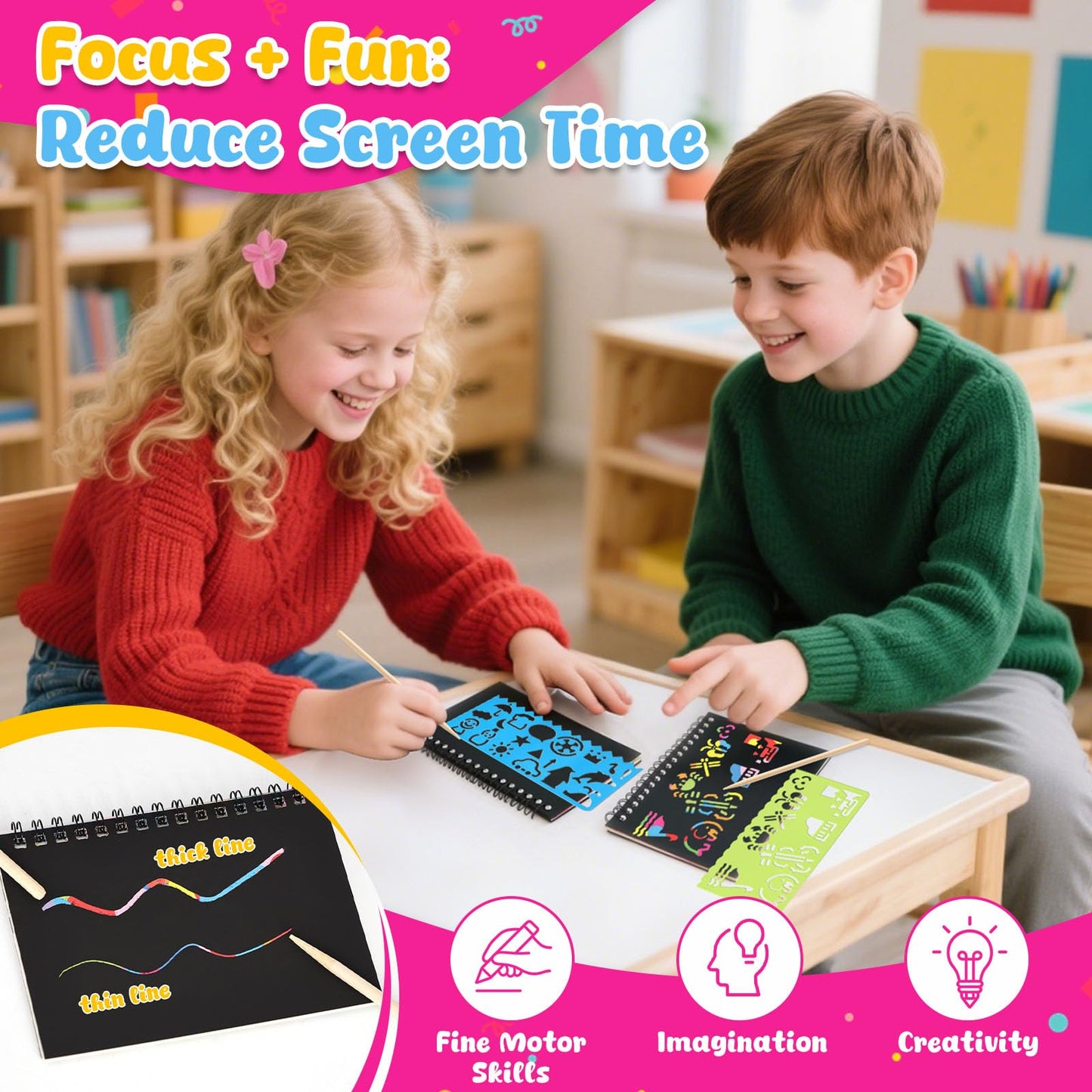 LovesTown 24 Pack Rainbow Scratch Party Favors for Kids: Scratch Art Notebook Students Classroom Prizes Gifts Bulk for Girls Boy