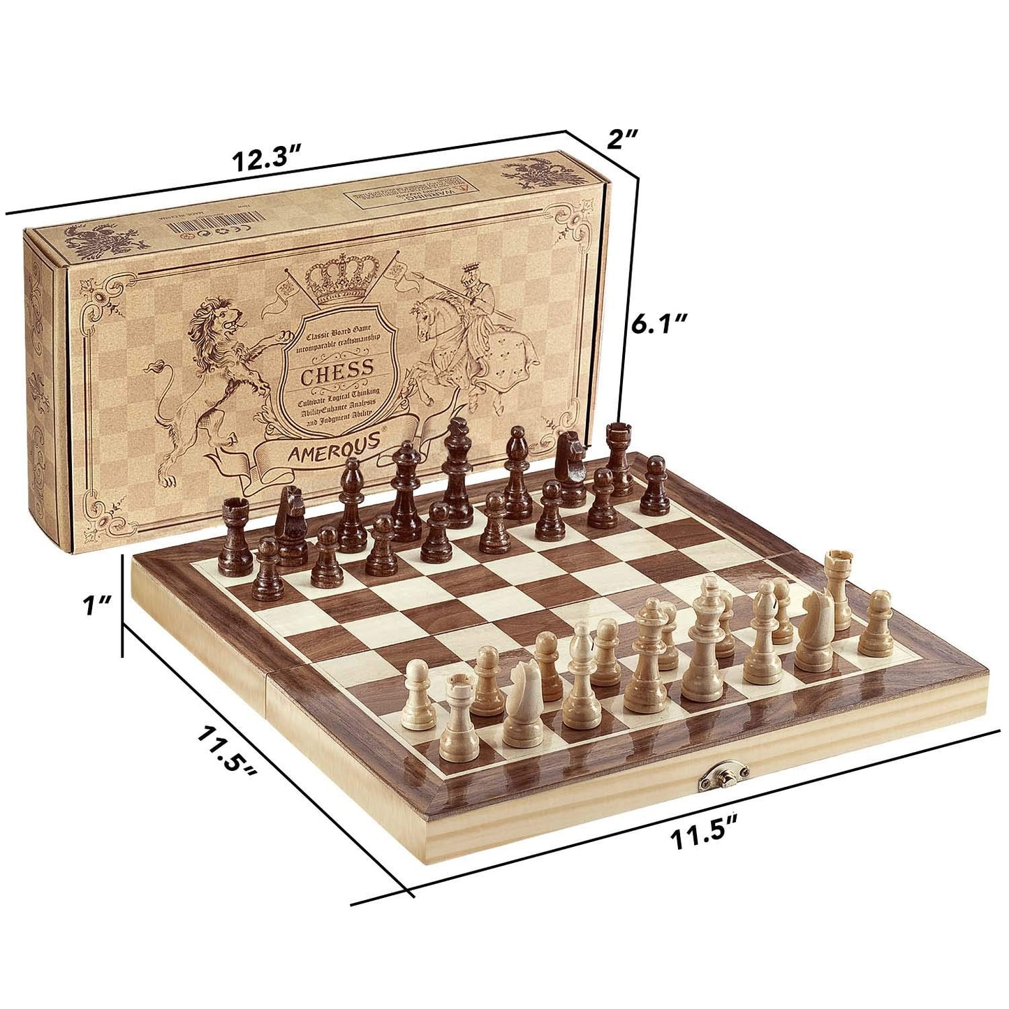 Amerous Chess Set, 12'X12' Folding Wooden Standard Travel International Chess Board Game Set With Magnetic Crafted Pieces For 2 Players
