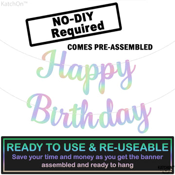Katchon, Large Iridescent Happy Birthday Banner - Pre-Strung, 10 Feet | Holographic Happy Birthday Decorations | Happy Birthday Sign For Iridescent Party Decorations | Unicorn Birthday Decorations