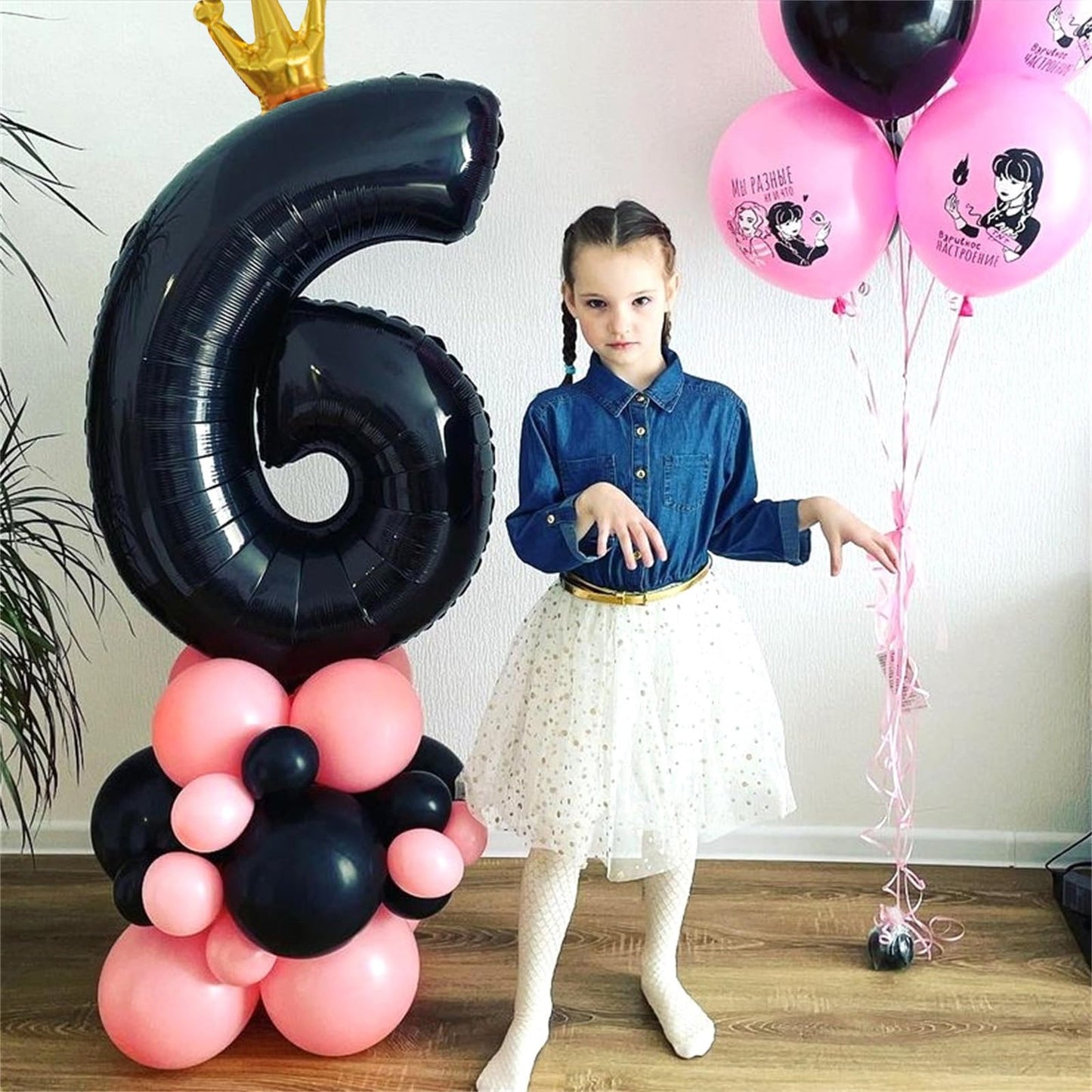 Large Number 6 Balloons, Black 40 Inch Foil Number Balloon For Boys, Crown Self Inflating 0-9 Set Balloons For Girls 6Th Birthda