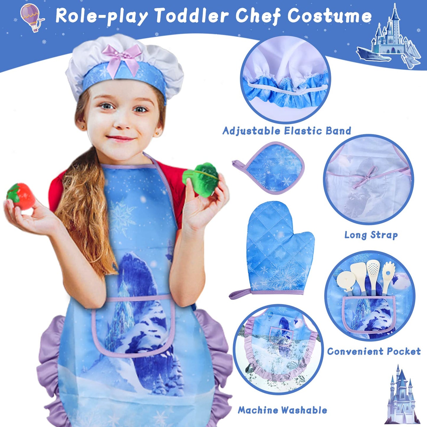 Magic4U Kids Cooking Set With Toddler Chef Costume, 28Pcs Play Kitchen Accessories Including Apron, Pots And Pans Sets, Play Foo